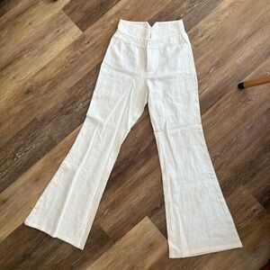Vici White Linen High-Waisted Flare Pants